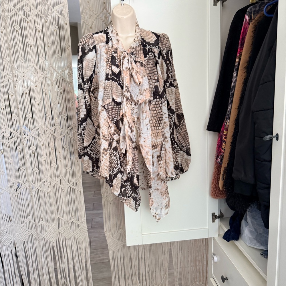 Topshop Snake-Print Tie-Neck Blouse in Black, Cream & Tan
